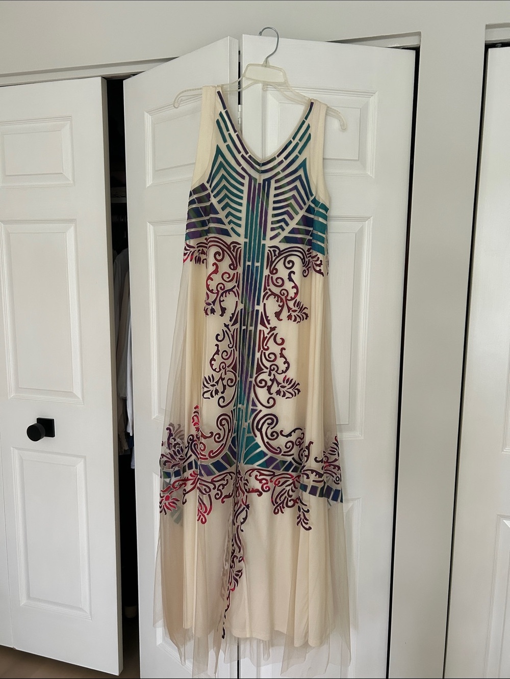 Cream Sleeveless Maxi Dress with Teal, Purple & Magenta Print